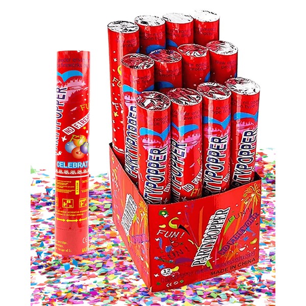 Toysery 12 Pack Confetti Cannons, Multicolor Air Compressed 12-Inch Large Party Poppers For New Years Eve, Birthdays, Wedding Celebrations and Indoor or Outdoor Parties