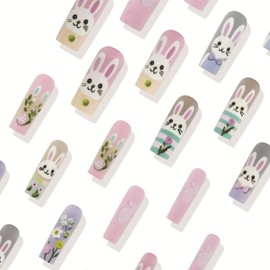 MIXFOSAHN Easter Press on Nails Medium Almond Fake Nails Nude False Nails with Textured Designs Bunny Flower Matte Stick on Nails Glue on Nails Easter Nails Acrylic Nails for Women Girls 24 Pcs