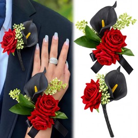 2 Pcs Homecoming Wrist Corsage and Boutonniere Set Burgundy Rose Wristlet Band Bracelet and Boutonniere with Black Calla Lily for Homecoming Prom Wedding Bridesmaid Accessories Decor