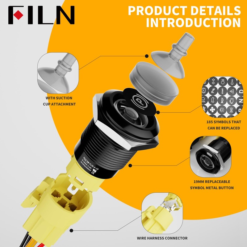 FILN 2PCS 19mm Latching Push Button Switch (ON/Off), Black Plated
