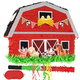 WERNNSAI Red Farm Animal Piñata - Farm Baby Shower Decorations Animal Pinata Party Game for Kids Birthday Celebrations Milk Farm Party Favor Supply with Bat Blindfold