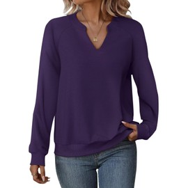 EADINVE Women Casual Long Sleeve V Neck Sweatshirts Cute Loose Fit Lightweight Pullover Tops Deep Purple