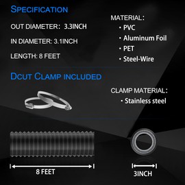TEAIERXY 3 Inch 8 Feet Dryer Vent Hose,Flexible Insulated Air Ducting,Diesel Heater Hose PVC Aluminum Foil with 2 Clamps for HVAC Ventilation(Black)