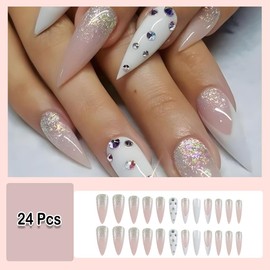 ANDGING Stiletto Press-on Nails - White Medium Length with fake, Acrylic Ombre Rhinestone Designs - Fancy Gel Manicure False Nails for Women - Wedding Ready