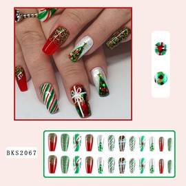 Christmas Press on Nails Medium Square Coffin Fake Nails Acrylic Nails with Rhinestones Glitter Design Red Artificial Glue on Nails Green Xmas Tree Stick on Nails for Women Nail Decorations 24Pcs