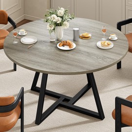 IRONCK 51" Round Dining Table for 6, Wood Kitchen Table with Metal Base, Space Saving Industrial Circle Dinner Table for Kitchen Dining Room, Gray