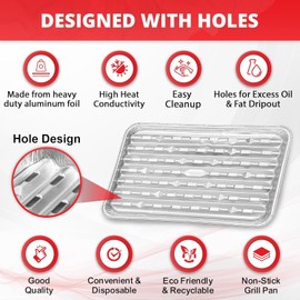 KAHEIGN 30Pcs Disposable Barbecue Trays, 34CM x 23CM x 3CM Aluminum Foil Perforated Trays Barbecue Grilling Container Plate with Holes and Ribbed Bottom for Oven Charcoal BBQ Roast Grilling Baking
