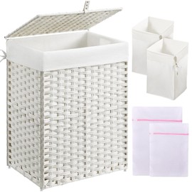 Greenstell Laundry Hamper with Lid, 90L Clothes Hamper with 2 Removable Liner Bags & 2 Mesh Laundry Bags, Handwoven Synthetic Rattan Laundry Basket for Clothes, Toys in Bathroom, Bedroom White