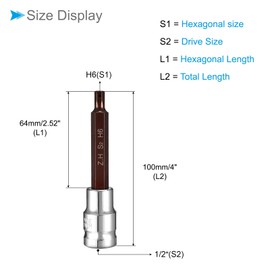 CoCud Hex Bit Socket, Metric 6mm Bit 1/2" Drive 4" Long, S2 Alloy Steel Heat Treated CR-V Socket - (Applications: for Fastener Application)