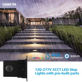 LEONLITE 3CCT LED Step Lights 120V-277V, Dimmable 4.5W 300LM Anti-Glare LED Deck Steps Stair Lights Outdoor, 2700K/3000K/4000K Selectable, CRI 90 & ETL, IP65 Waterproof, Satin Nickel