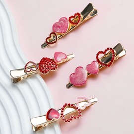 4 Pack Valentine's Day Heart Hair Clips, Red Rhinestone Heart Clips Pink Glitter Heart Hairpins Shine Hair Barrettes Holiday Hair Accessories for Women Girls Valentines Gift Party Birthday
