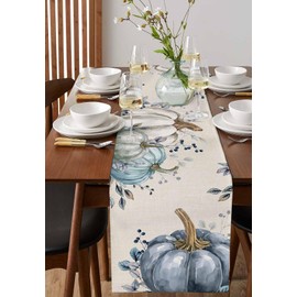 Fall Pumpkin Table Runner Dresser Scarf 13 x 108 Inch White Blue Leaves Rustic Table Runners Non-Slip Heat Resistant Kitchen Dining Table Decor for Autumn Thanksgiving Holidays Indoor Outdoor