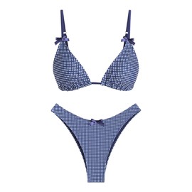 seamoly Women's Two Piece Bathing Suit Bow Tie Back Bikini Set High Cut Low Waisted Bikini Bottom Swimsuit Blue Gingham L