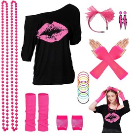 ELFIN 80s 90s Outfit, Women's T-Shirt, Headband, Earring, Necklace, Mesh Gloves, Bracelet, Leg Warmer, 80s 90s Costume, Aerobics Clothing, Theme Party Accessories, Carnival, Black-1, L