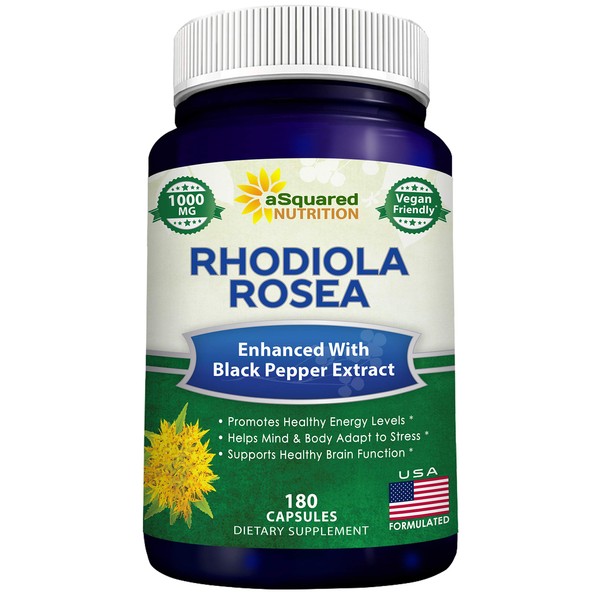 aSquared Nutrition Rhodiola Rosea Max Strength with Black Pepper Supplement - 180 Capsules - Max Absorption Powder Pills - Golden Root Herb for Stress Relief, Mood, Pure Focus & Energy - 500mg Per Cap