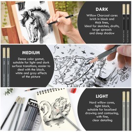 KALOUR PDAS Professional Willow Charcoal Pencils Drawing Set - 6 Pieces Light Medium and Dark Willow Charcoal Pencils for Drawing, Sketching, Shading, Artist Pencils for Beginners & Artists