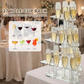 maytopia Champagne Wall Holder for Party with 27 Slots, 3 Tire Acrylic Champagne Tower with LED Light, Wine Glass Rack Stemware Holder Drink Tower for Bridal Shower Wedding Christmas Birthday Party