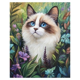 Paint by Numbers Ragdoll Cat, Paint by Number Cat for Adults, Animal Cats Paint by Number Kit, Cat Surrounded by Flowers DIY Oil Painting on Canvas, Cute Cat Portrait Home Decor(16x20inch, No Frame)