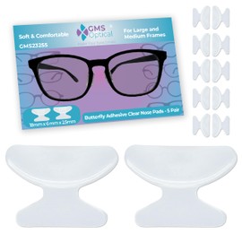 GMS Optical 2.5mm Thick / 18mm Long Length - Adhesive Butterfly Contoured Shape Anti-Slip Silicone Eyeglass Nose Pads, Non-Slip Nose Pads for Glasses, For Sunglass Nose Pads Replacement - 5 Pair Clear