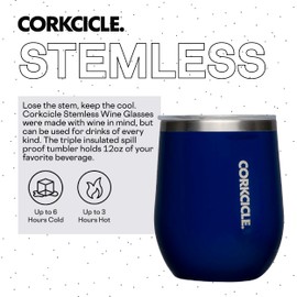 Corkcicle Corkcicle Stemless Insulated Wine Glass Tumbler, Gloss Midnight Blue, 12 oz C Stainless Steel Stemless Wine Glass Keeps Beverages Cold for 6 Hours, Hot for 3 Hours C Non-Slip, Easy-Grip Insulated Cup