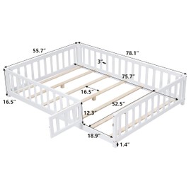 Bellemave Floor Bed Full Size Montessori Bed Frame with Fence and Door, Wooden Full Platform Bed for Kids, Boys Girls, Solid Wood Full Bed, No Box Spring Needed (White)
