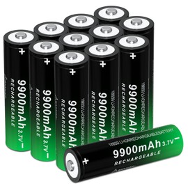 Generic 18650 Rechargeable Battery 3.7V Lithium 9900mAh Large Capacity for Headlamp LED Flashlight (Button Top, 12 Pack)