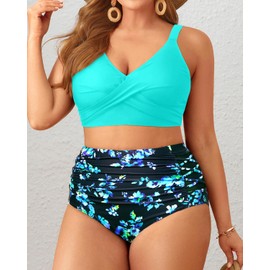 Tempt Me Plus Size Two Piece Swimsuit - Aqua Blue Flower High Waisted Bikini Set Tummy Control Bathing Suits for Women 14 Plus