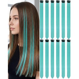 12 Extensiones De Cabello De Color Azul Verdoso Con Clip, Extensiones De Reflejos De Neón Sintéticos De 20 De Colores Para Fiestas, Accesorios Para