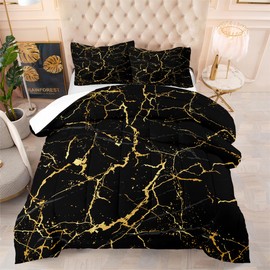 CCoutueChen Black Marble Comforter Set Queen Size Gold Metallic Marble Print Microfiber Comforter Modern Abstract Art Bedding Set Ultra Soft Lightweight Down Alternative Comforter Sets for Women Men