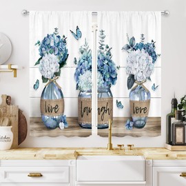 MESHELLY Rustic Farmhouse Blue Floral Kitchen Curtains 27.5Wx39H Inch Rod Pocket Teal Flower Plant Cafe Curtains Spring Butterfly Botanical Country Wooden Small Bedroom Window Drapes Fabric 2 Panels