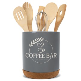 Elanze Designs Coffee Bar Love Is Brewing Barista Latte Ceramic Cork Bottom Gray Large Capacity Utensil Holder Crock for Countertop Storage, Stylish & Durable for Spoons, Spatulas, and Cooking Tools