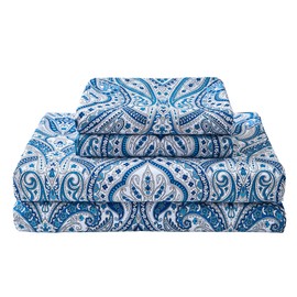 Blue Paisley Printed Bed Sheets King Size, Floral Sheet Set King, Brushed Microfiber Fitted Sheet with 15" Deep Pocket, Blue Flower Sheet & Pillowcase Sets