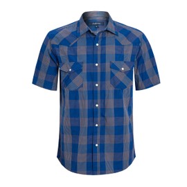 Mens Short Sleeve Western Shirts with Pearl Snap Button Up Casual Regular Fit Plaid Shirts (Navy and Grey-06D,Large)
