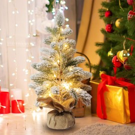 Pre-lit Snowy Mini Christmas Tree, Small Tabletop Flocked Christmas Tree with 50 LED Lights Xmas Decorations for Holiday Party,Artificial Christmas Tree with Lights, 20 Inches