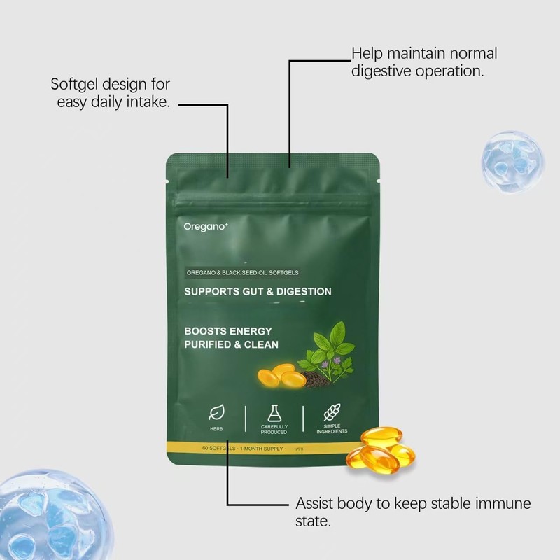 Aceite de orégano con aceite de semilla negra, apoyo inmunológico