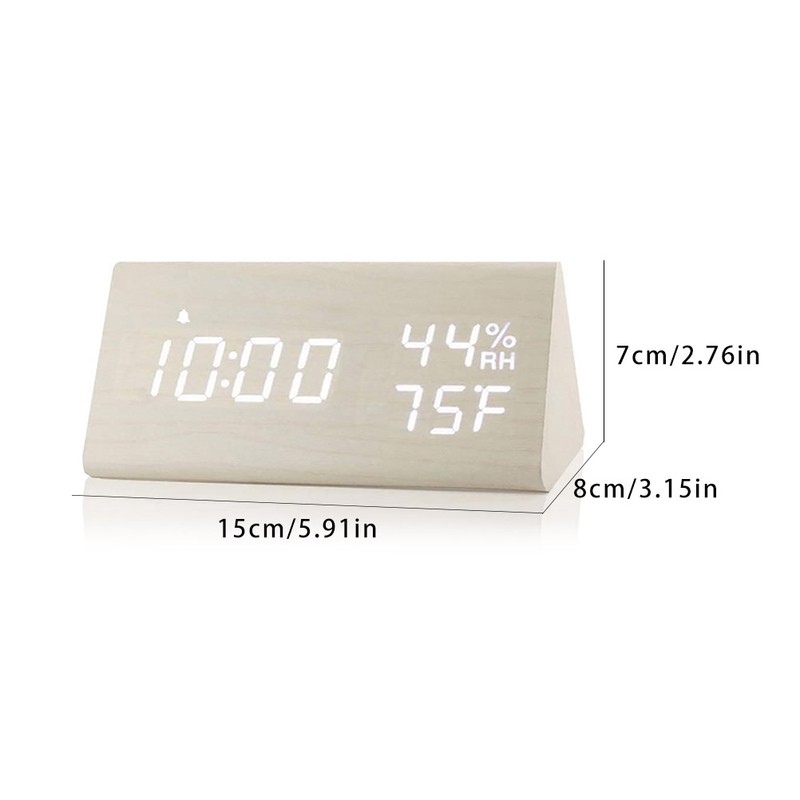 Digital Alarm Clock LED Display Sound Control Temperature Humidity Wood