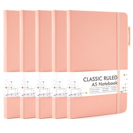 feela 5 Pack Notebooks Journals Bulk, Hardcover Classic Ruled Lined Journals with Pen Holder for Women Girls School Business Supplies, with 5 Black Pens, 120 GSM, 5.1”x8.3”, A5, Light Coral
