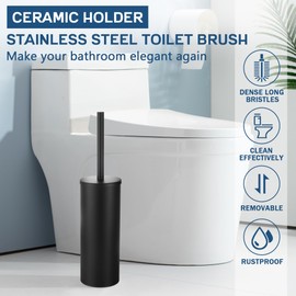 GERUIKE Toilet Brush with Standing Toilet Brush Holder Toilet Brush Set Includes 2 Black Toilet Brush Heads and Toilet Brush Holder Stainless Steel Matt Black