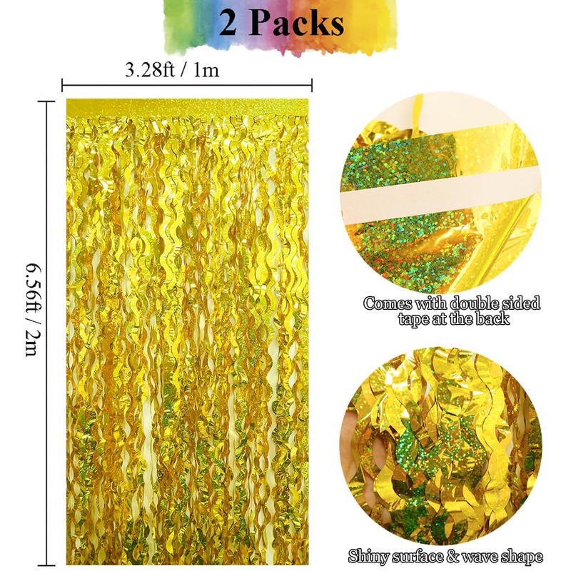 2Pcs Gold Wave Fringe Curtain HADEEONG 3.28ft x 6.56ft Tinsel