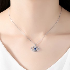 Yifnny Evil Eye Necklace, Blue Evil Eye Pendant Necklace with Cubic Zircon Lucky Blue Necklace Jewelry Birthday Gifts for Women (Silver)
