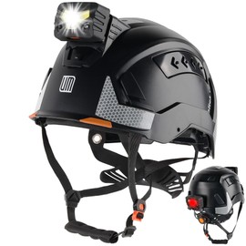 UM ULTRAMAXX Type II Hard Hat with Rechargeable Headlamp – ANSI Z89.1 Class C, Type 2 Hard Hat with Chin Strap, Front & Rear Hardhat Headlamp, for Construction Tree Work Storm Recovery (Black)