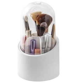 360° Makeup Brush Holder Organizer with Lid, Rotating Dustproof Make Up Brushes Container with Acrylic Cover, Spinning Cosmetics Holders Storage Cup for Vanity Desktop Bathroom Countertop
