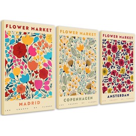 3Pcs Framed Colorful Flower Market Canvas Wall Art Modern Abstract Plant Painting Aesthetic Maximalist Pictures Prints Boho Wall Decor Danish Pastel Room Artwork for Living Room Bathroom12x16inX3