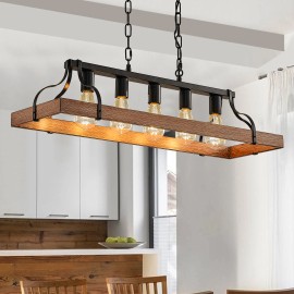 5-Light Farmhouse Rustic Light Fixtures Over Table Modern Linear Rectangular Kitchen Island Ceiling Pendant Lighting E26 34InchShade  color: Walnet, Design Style: Farmhouse, Lamp Power(W): no bulbs, Number of Lights: 5