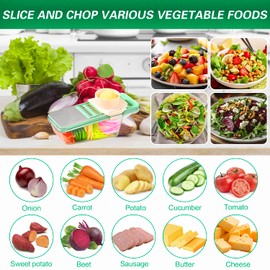 6 in 1 Mandoline Slicer, Hand Guard Vegetable Chopper Cutter with Container & Lid, 3 Replaceable Blades Multifunctional Veggie Dicer Slicer for Onion Potato Carrot, Kitchen Food Prep Gadget - Green