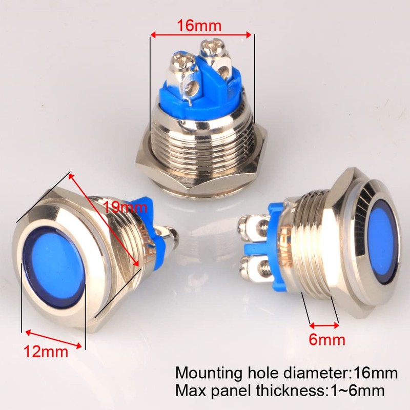 GUUZI 5pcs 12V-24V 16mm LED Metal Indicator Light Waterproof Signal
