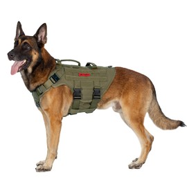 OneTigris Large Tactical Dog Harness, No Pulling Adjustable Dog Vest Harness, Heavy Duty Dog Harness with Handle, Large Hook and Loop Panels for Patch Black(Ranger Green, L)