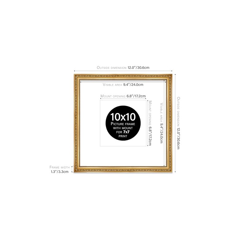 10x10 Gold Ornate Photo Frame With White Mat For 7x7