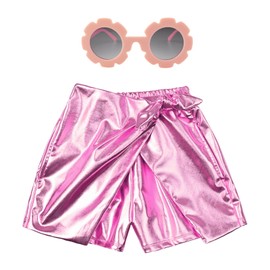Perfashion Girls Metallic Skorts Shiny Sparkly Alien Costume Holographic Outfits Pink Metal Shorts 10-11 with Sunglasses
