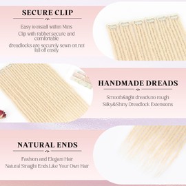 White Blonde Dreadlock Extensions With Clip in,24 Inch 6 Clips(24strands) Handmade Braid Dreadlocks Hair Extensions for Women/Girls/Men, Soft Clips in Dreads Synthetic Hair Extension(24",613#)